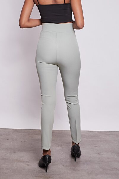 Jument Yüksek Bel Önü Dikişli Kemeri Kruvaze Dar Paça Pamuklu Likralı Pantolon-Çağla Yeşili