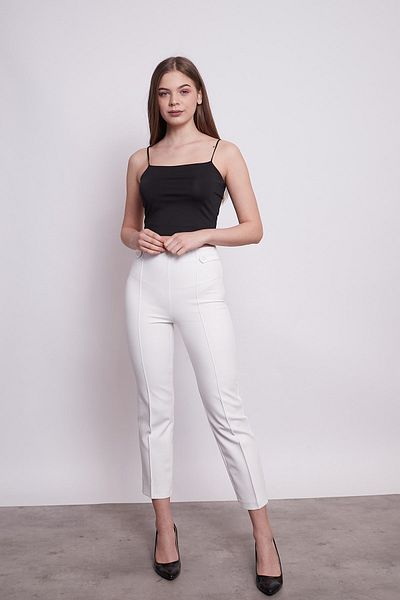 Jument Women's High Waist Stitched Front Epaulette Waist Buttoned Tube Leg Fabric Trousers - Cream
