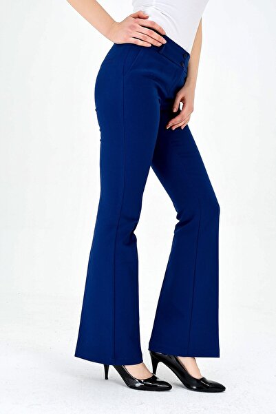 Jument Kalın Kemerli Cepli İspanyol Bol Paça Likralı Kumaş Pantolon-İndigo