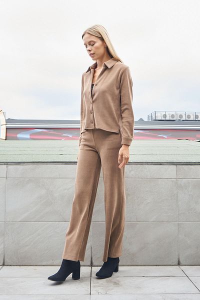 Jument Catifea Lycra cu talie înaltă - Pantaloni Palazzo pentru femei cu buzunare laterale - Camel