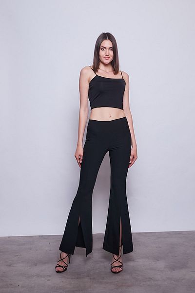 Jument Pantaloni de damă cu talie înaltă, cusut în față, cu picior evazat din Lycra-negri