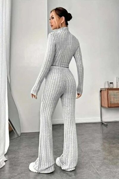 Mossta Gray Turtleneck Crop Top and Trousers Hooded Camisole Set