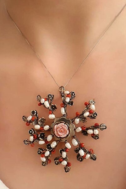 OSESHOP El isi tasarim mercan ve inci detaylı gümüş yaka iğnesi broş ve kolye