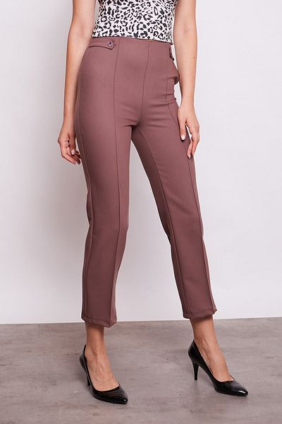 Jument Women's High Waist Front Stitched Waist Epaulets Buttoned Pipe Leg Fabric Trousers - Milk Brown