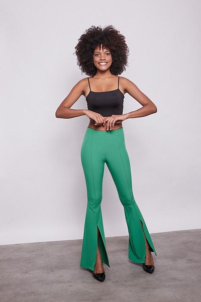 Jument High Waist and Stitching Detailed Women's Trousers - Flare Leg, Slit, Lycra-b.green
