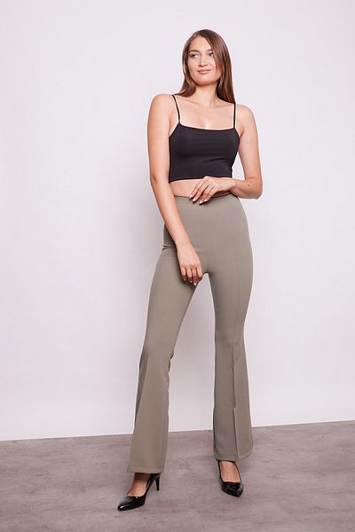 Jument High Waist and Front Spanish Leg Stitching Leggings Fabric Trousers - Khaki