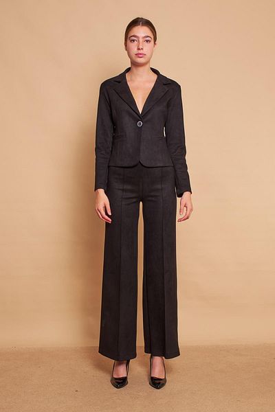 Jument Pantaloni Palazzo cu talie înaltă, cusături în față, cu picior lat, din țesătură lycra, piele de căprioară - negri