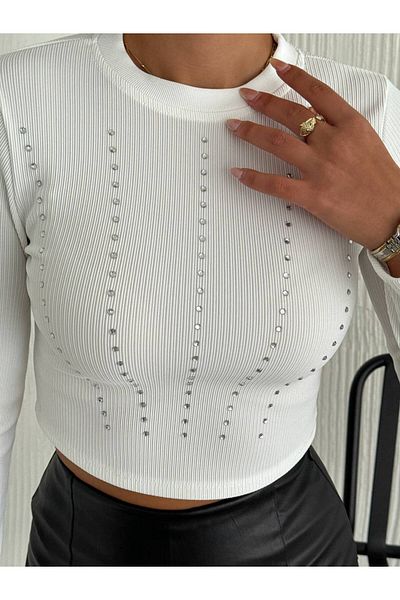 GALAVİP New Season White Stone Ottoman Crop Blouse - Turtleneck