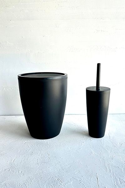 Prima Nova Pure Black 2-Piece Bathroom Set - Trash Can and Toilet Brush