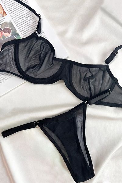 MILANOFOX Women's Black Comfort Tulle Underwire Underwear Bra Thong Set