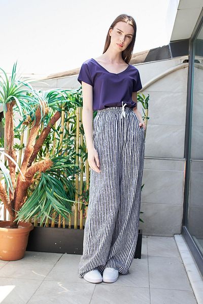 Jument Navy Blue Striped Voile Loose Cut Trousers - Spring Fabric