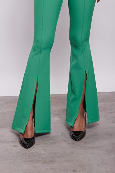 Jument Women's High Waist Front Stitched Leg Slit Flared L Stretch Fabric Trousers-B.Green