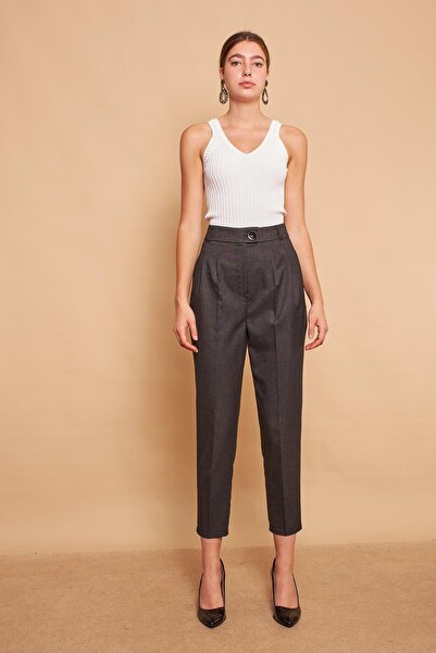 Jument Patterned Carrot High Waist Pleated Pocket Boyfriend Stylish Fabric Trousers - Black