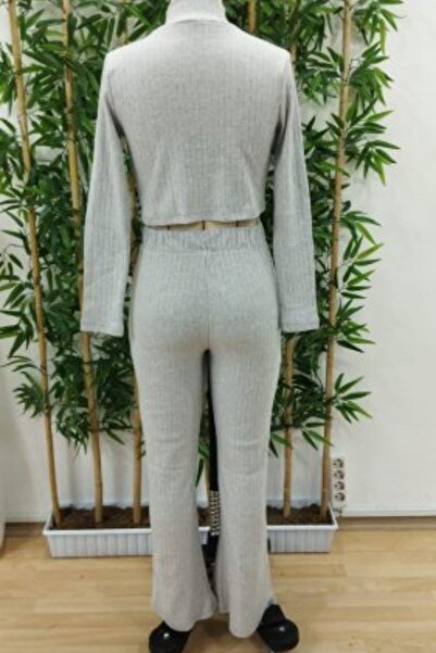 Mossta Gray Turtleneck Crop Top and Trousers Hooded Camisole Set