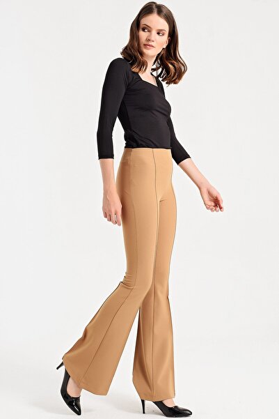 Jument Yüksek Bel Ön Arka Dikişli İspanyol Paça Tayt Likralı Kumaş Pantolon-Camel