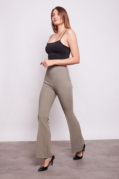 Jument High Waist and Front Spanish Leg Stitching Leggings Fabric Trousers - Khaki