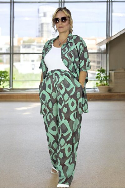 yagmurberen Plus Size Patterned Cotton-Viscose Set - Buttoned Jacket and Elastic Waist Pants