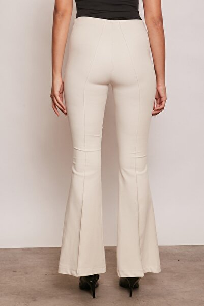 Jument High Waist Front Back Stitched Flared Leggings L Stretch Fabric Fabric Pants-Stone