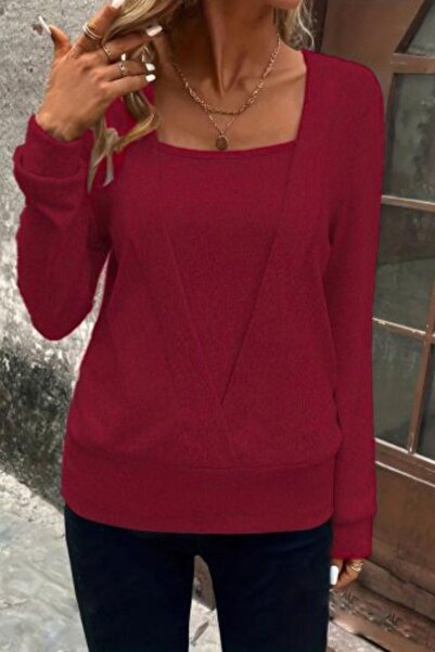 Mossta Μπλούζα μπορντό Yumoş - διπλό πέτο μανίκια και φούστα με γιακά και μανσέτες