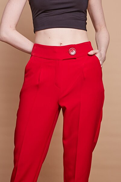 Jument High Waist Thick Belted Side Pockets Pleated Carrot Leg Lightweight Stretch Fabric Fabric Trousers-Red
