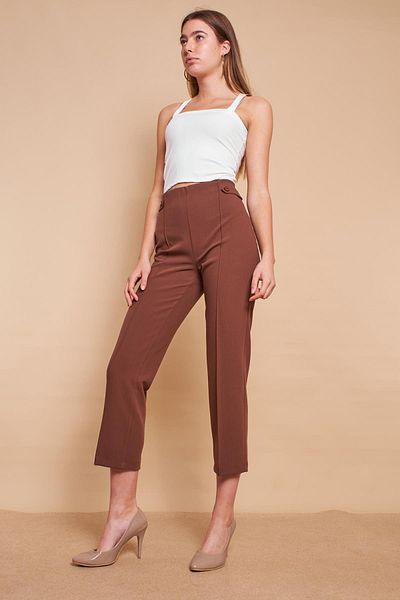 Jument Women's High Waist Stitched Front Epaulette Waist Buttoned Pipe Leg Lycra Fabric Trousers -Tan