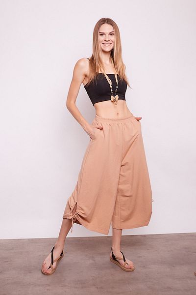 Jument Pantaloni din popelin din viscoză cu talie înaltă - picior lat, șnur, fără afișaj interior - Camel deschis