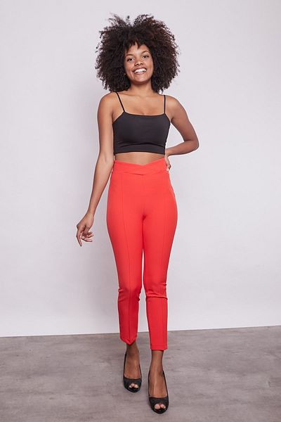 Jument High Waist Front Stitched Belt Double Breasted Skinny Leg Cotton Lycra Trousers-coral