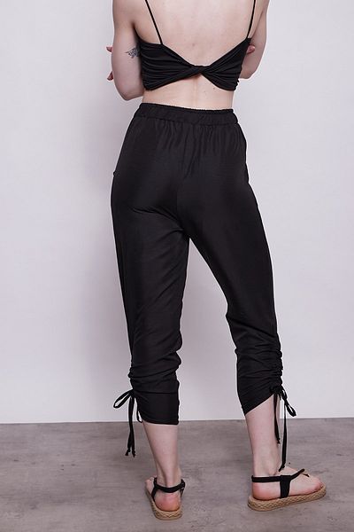 Jument Buzunar din poplin din viscoza - Pantaloni negri confortabili cu cordon