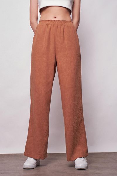 Jument Linen High Waist Elastic Waist Side Pocket Wide Leg Trousers -Camel
