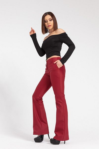Jument Thick Belt Pocket Spanish Wide Leg Lycra Fabric Trousers - burgundy