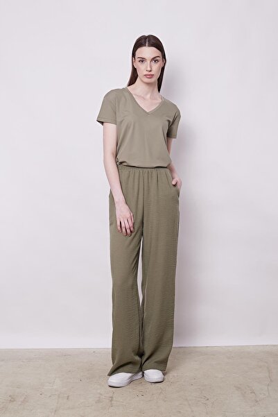 Jument High Waist and Side Pocket Linen Khaki Trousers - Wide Leg