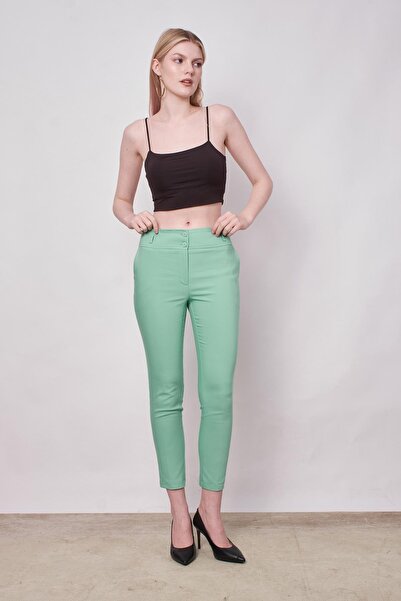 Jument High Waist Thick Belted Pockets Narrow Leg Ankle Length Cotton Stretch Fabric Fabric Trousers -Mint