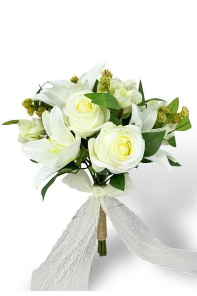 Nettenevime Gelin Çiçeği Yapay Çiçek Beyaz Gül Lilyum Ve Ortanca Aradallar Ge...