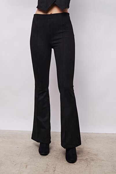 Jument High Waist Lycra Velvet Pants for Women - Front and Back Stitching, Spanish Leg, Black