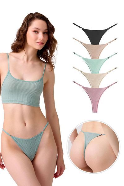 Cottonhill Chiloți tanga pentru femei din bumbac elastic și lycra cu nervuri - pachet de 5