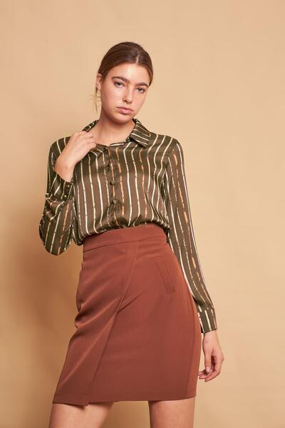 Jument Patterned Collar Long Sleeve Lycra-Free Stylish Fabric Shirt-Khaki Stripe