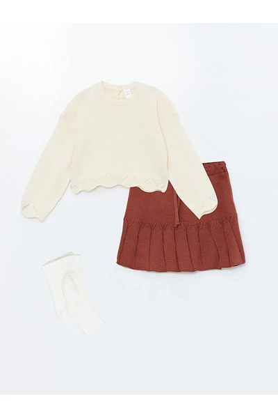 LC Waikiki Lcw Baby Skin Color Crew Neck Long Sleeve Baby Girl Set 3 Pieces