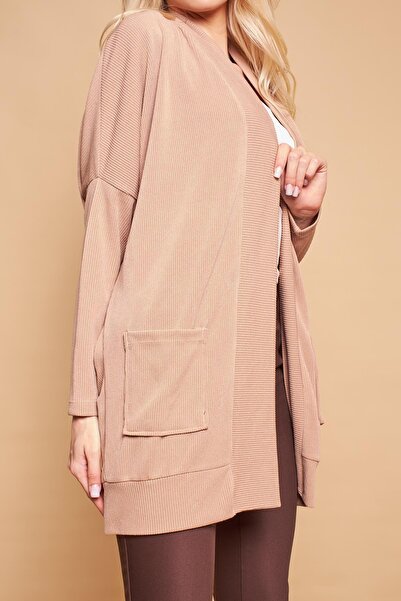 Jument Shawl Collar Bat Pocket Long Sleeve Casual Oversize Light Lycra Knitwear Cardigan-Dark Beige