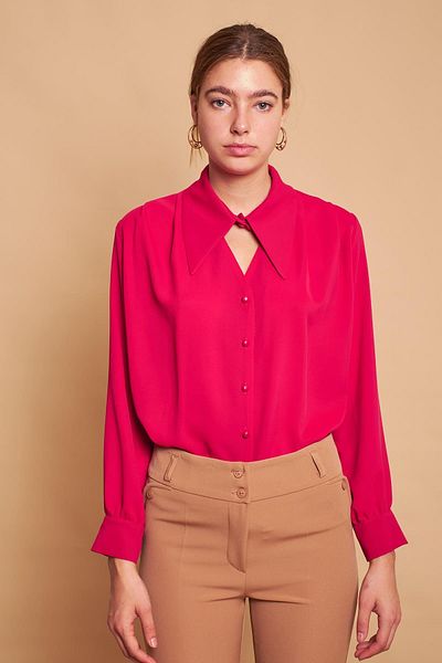 Jument Decolteu în V în față, umeri plisați, mânecă lungă, cămașă elegantă din țesătură fără lycra - cireș