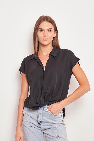 Jument Cămașă elegantă, fără lycra, cu guler, fără umăr, cu pliuri în față-negru