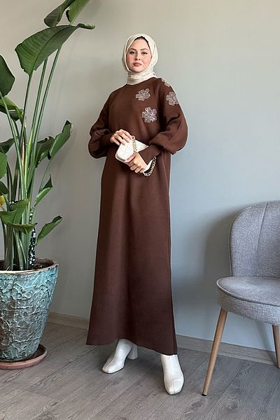 InStyle Φόρεμα πλεκτό λουλούδι με μπαλόνι μανίκι Bitter Brown