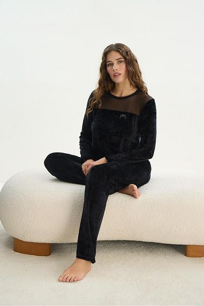 Sevim Set de pijamale de damă din catifea neagră - mânecă lungă C2T3N1O61