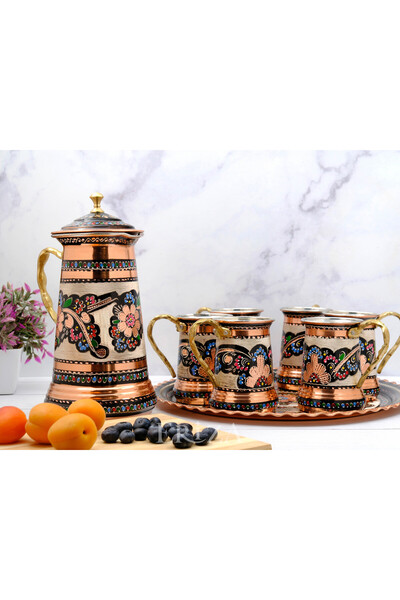 ERİZA Kapaklı Bakır Sürahi ve Tepsili Fincan Takımı