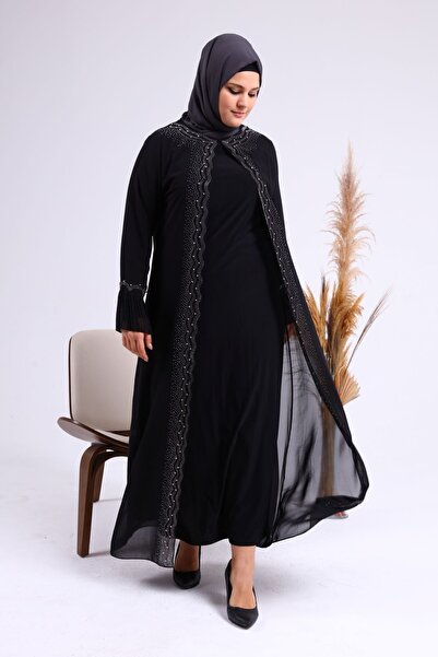 Ferace Kadin Uzun Buyuk Beden Tesettur Abiye Elbise Siyah