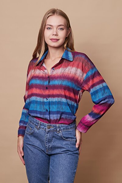 Jument Γυναικείο γιακά με στάμπα με μακριά μανίκια Κομψό πουκάμισο γραφείου-μοτίβο Ebruuli