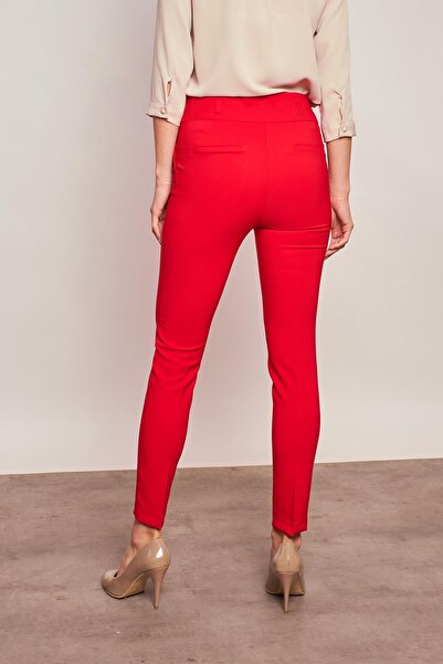 Jument Thick Belted Ornamental Pocket Ankle Length Stretch Fabric Fabric Trousers-Red