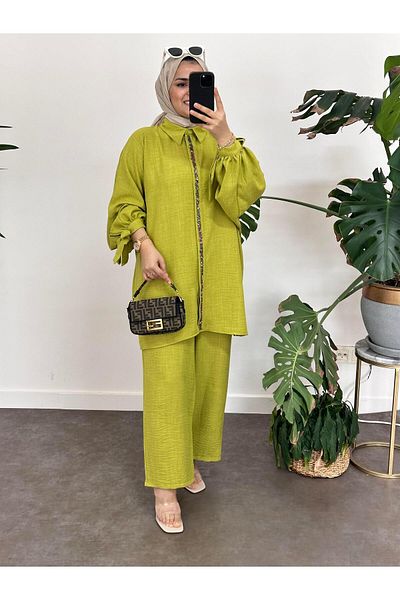 ASEL FASHİON Beaded Cotton Linen Set Oil Green