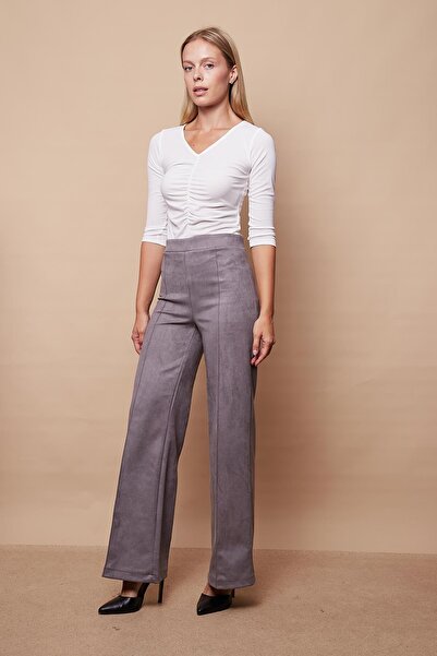 Jument Ελαφρύ Lycra Suede Palazzo Παντελόνι με Ψηλή Μέση και Μπροστινή Ραφή - Γκρι