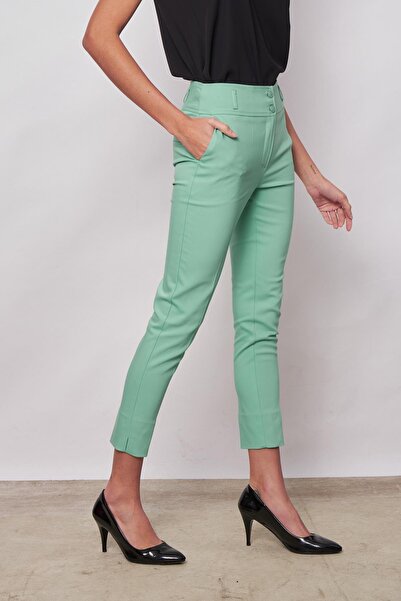 Jument High Waist Pocketed Leg Slit Ankle Length Lightweight Stretch Fabric Fabric Stylish Office Trousers-Mint
