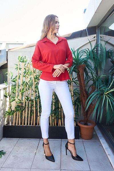 Jument Stylish Red Long Sleeve Shirt with Epaulettes - Backless, Lycra Free